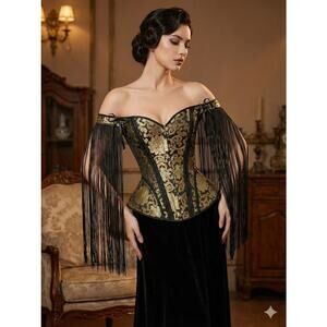 Goth Renaissance Black Gold Brocade Corset Off Shoulder Fringe Sleeve Top